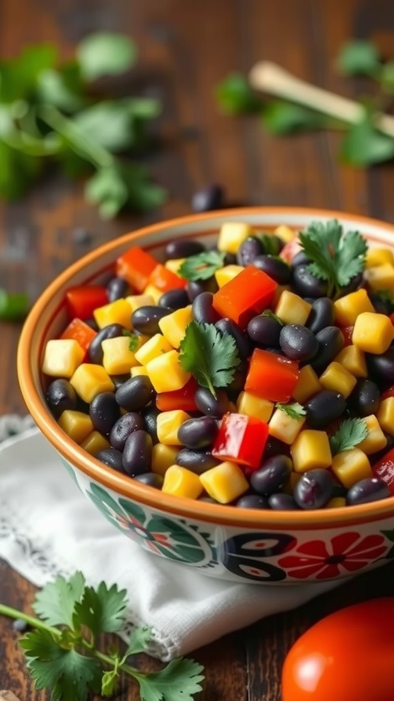 A colorful bowl of black bean salad with peppers and cilantro.