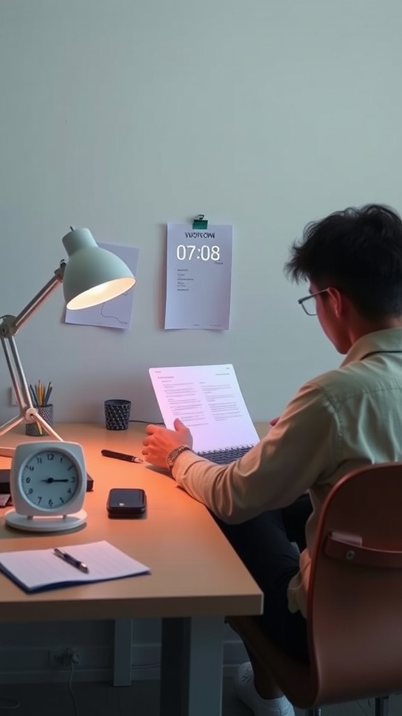 A person sitting at a desk, reviewing documents with a lamp and clock nearby, emphasizing focused work.