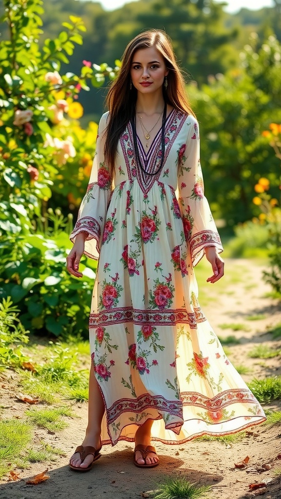 A woman wearing a floral flowing dress walking in a garden