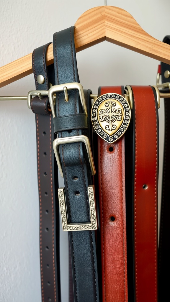 A display of bold belts with unique buckles hanging on a wooden rack.