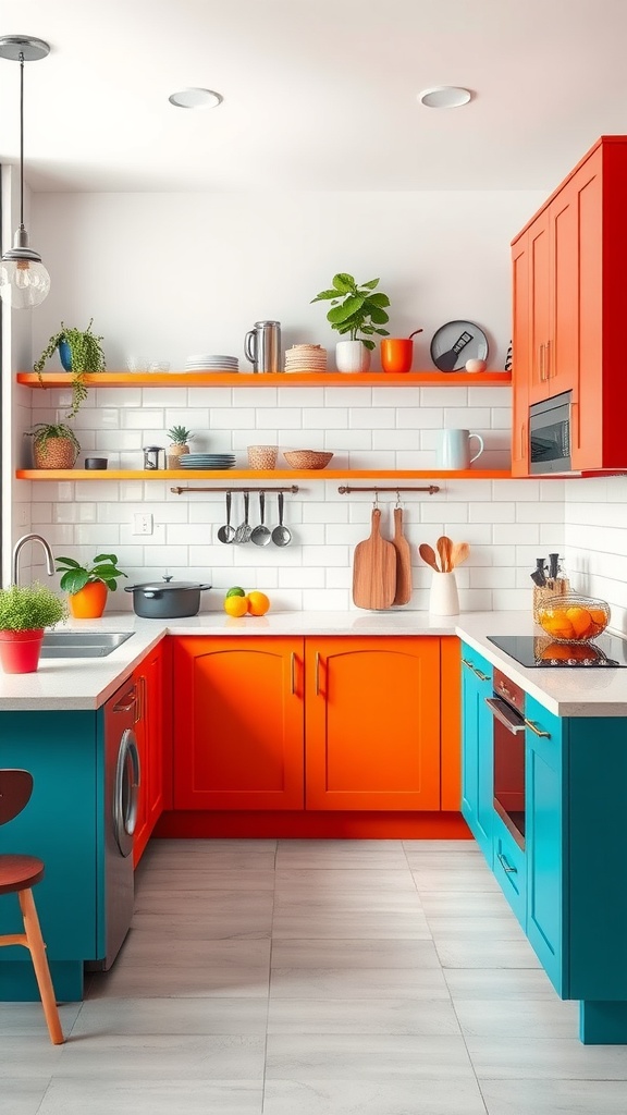 A modern kitchen featuring bold orange and turquoise cabinets with open shelves and plants.