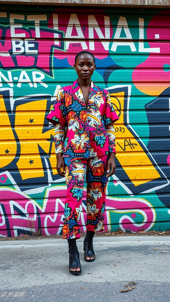 A person wearing a colorful bold print outfit stands in front of a graffiti wall.