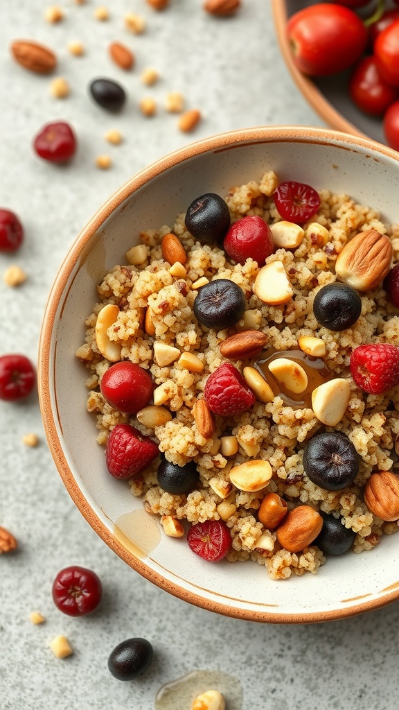 A bowl of quinoa topped with various nuts and berries.