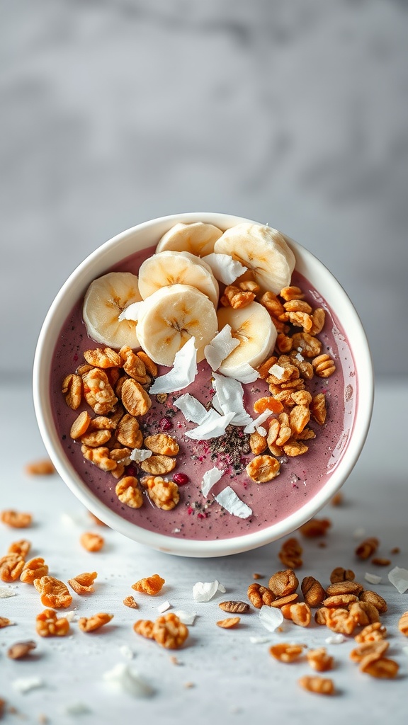 A delicious breakfast smoothie bowl topped with banana slices and granola.