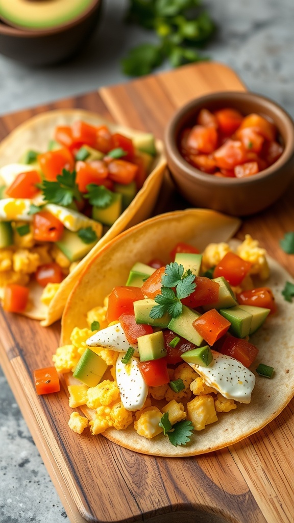 Delicious breakfast tacos filled with scrambled eggs, diced tomatoes, and avocado on a wooden board.
