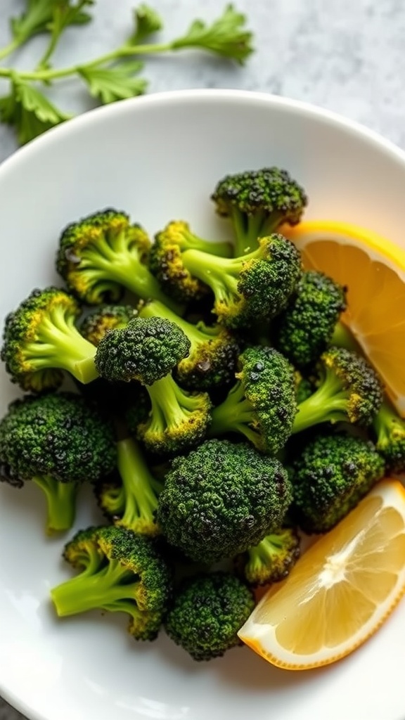 A bowl of fresh broccoli florets with lemon slices