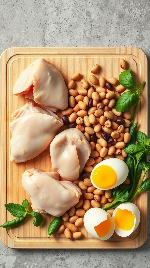 A wooden cutting board with raw chicken thighs, mixed beans, and boiled eggs.