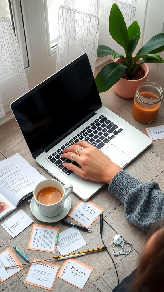 A workspace with a laptop, coffee, and notes, showcasing the process of building a niche blog.