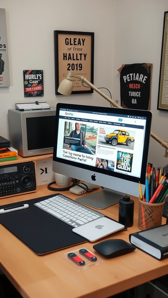 A workspace featuring a computer with a website open, showcasing a professional setup for building a niche website.