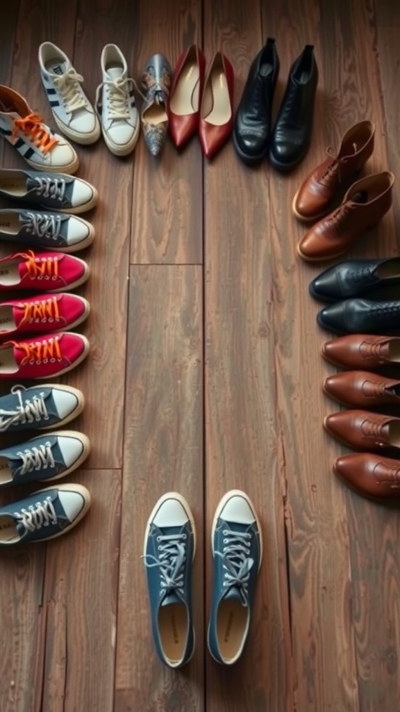 A collection of various footwear styles arranged neatly on a wooden floor.