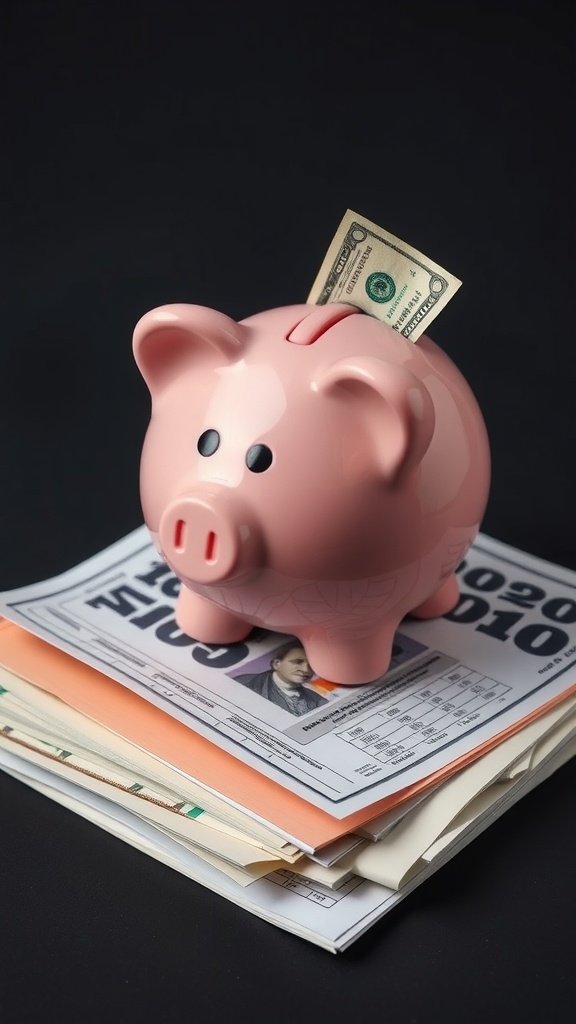A pink piggy bank with a dollar bill partially inserted, sitting atop a stack of papers.