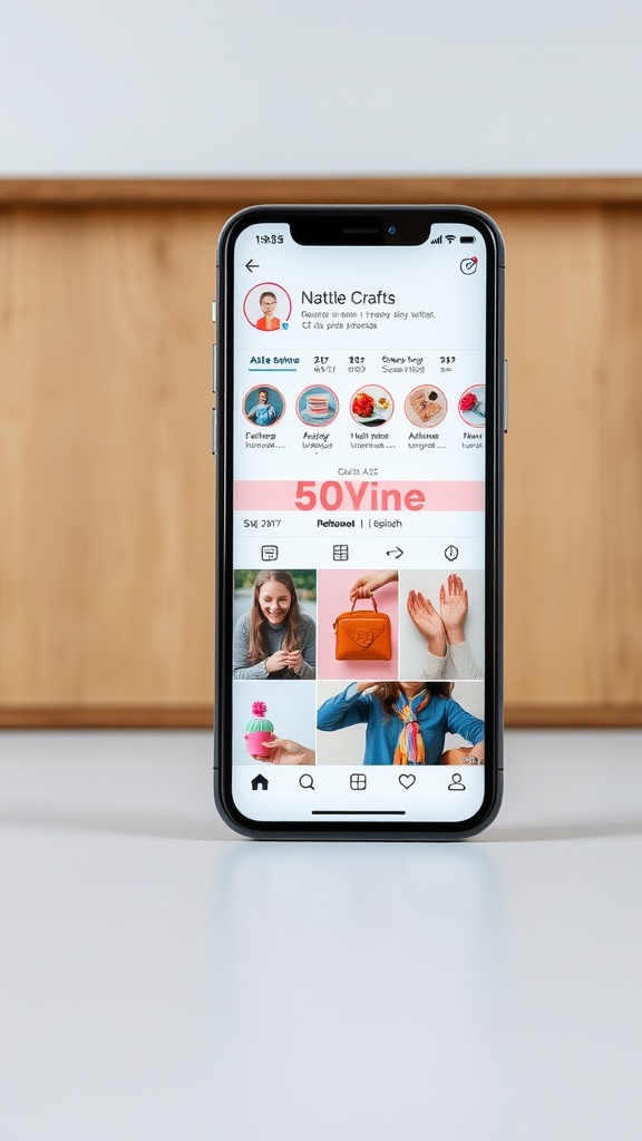 A smartphone displaying a user profile with craft-related images and follower statistics.