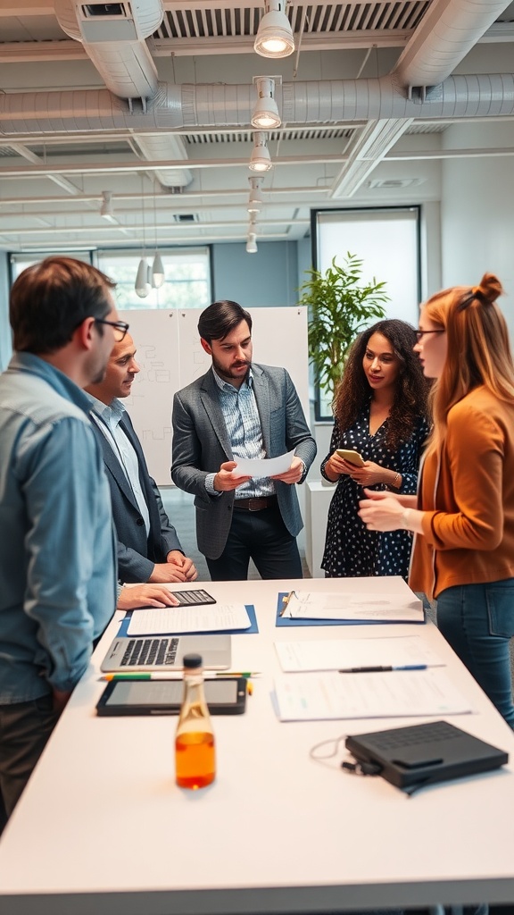 A group of professionals engaged in a team meeting, discussing ideas with laptops and documents on the table.