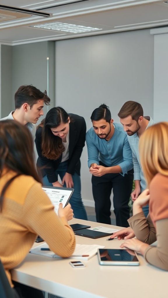 A group of diverse professionals collaborating around a table, focusing on a project.