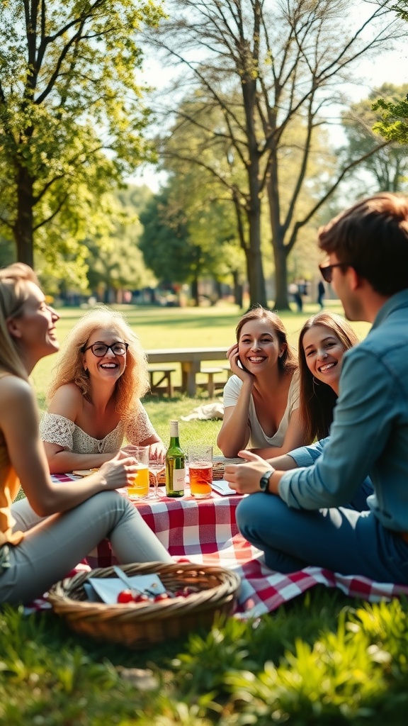 A group of friends enjoying a picnic in a park, laughing and having a good time.