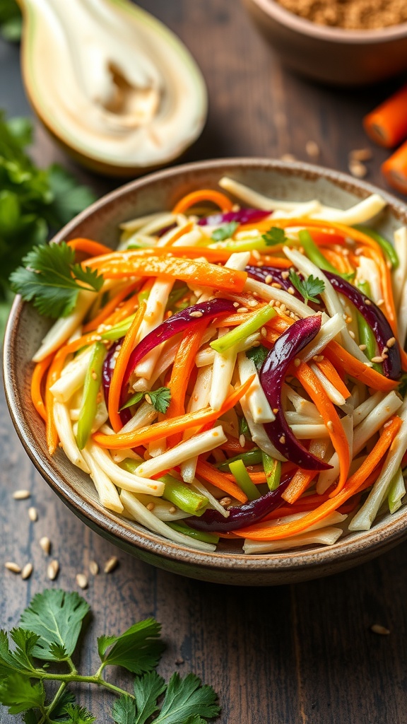 A bowl of vibrant cabbage and carrot slaw with green herbs and sesame seeds.