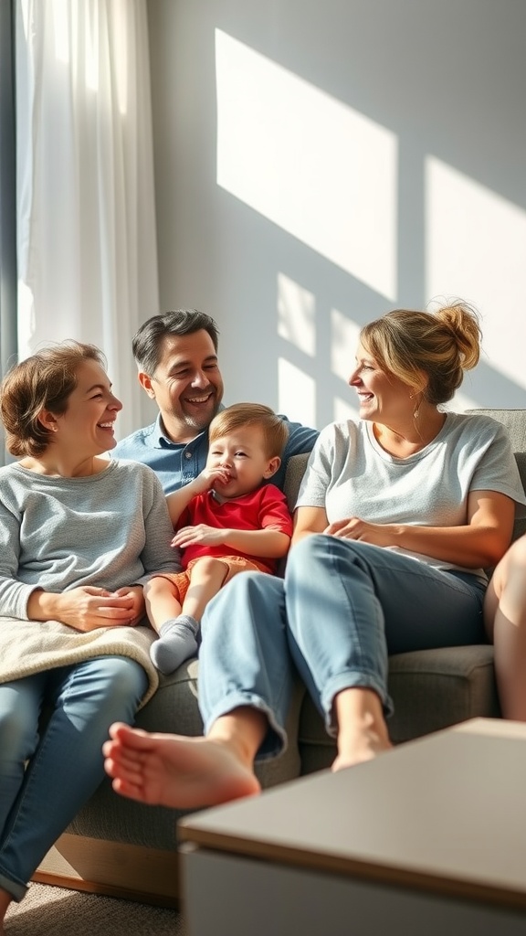 A family sitting together on a couch, smiling and enjoying their time with a young child.