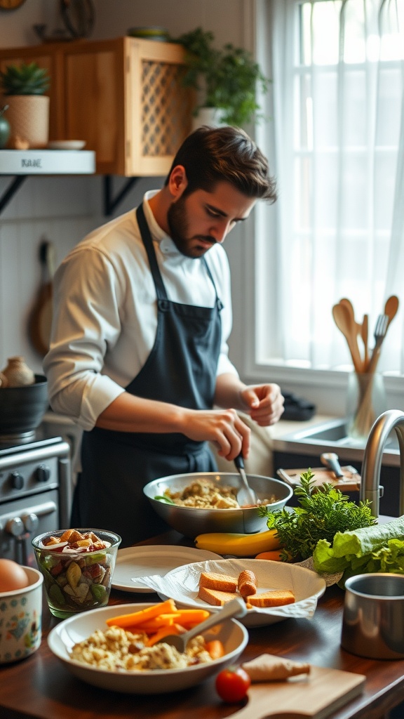 A person cooking in a cozy kitchen, preparing a meal with fresh ingredients.