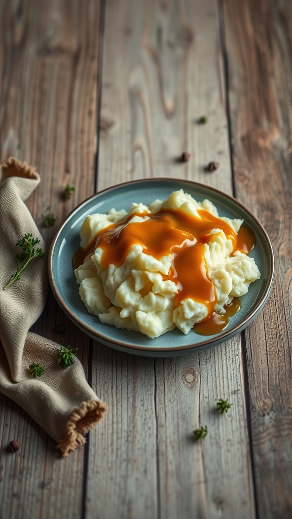 A plate of creamy mashed potatoes topped with rich gravy, surrounded by a warm wooden background.