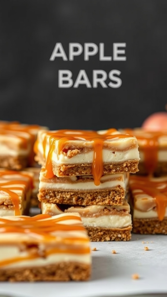 Stack of caramel apple cheesecake bars with a drizzle of caramel on top