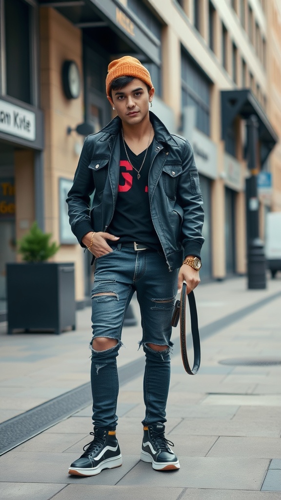 A person wearing a leather jacket, ripped jeans, a beanie, and high-top sneakers, showcasing casual street style.