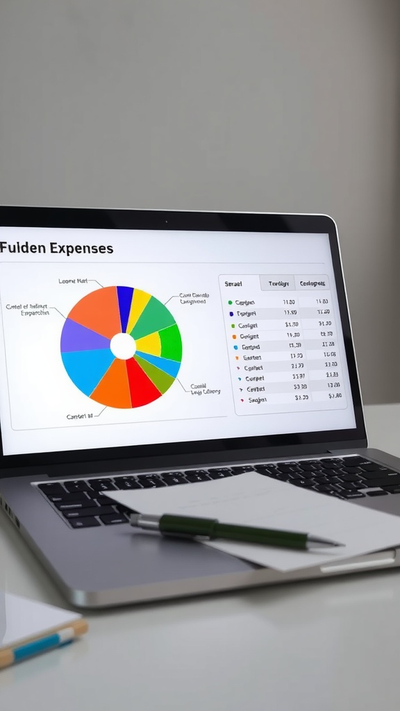 A laptop displaying a budget planner with a pie chart and expense categories