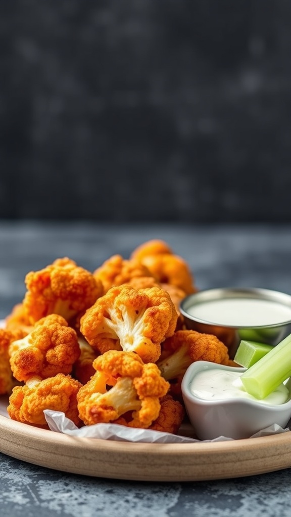 A platter of cauliflower buffalo wings with a side of ranch dipping sauce and celery sticks.
