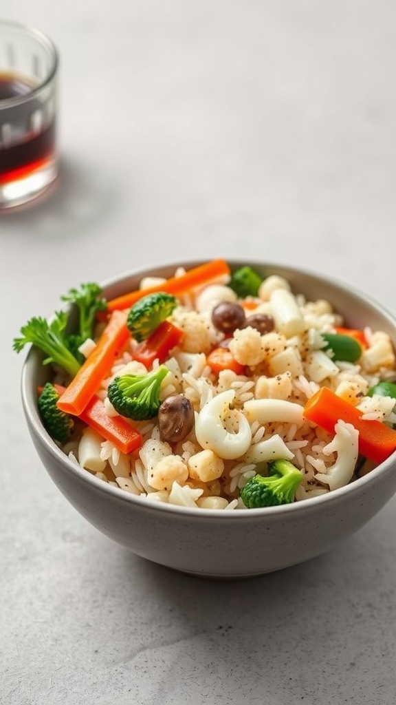 A bowl of cauliflower fried rice with colorful vegetables.