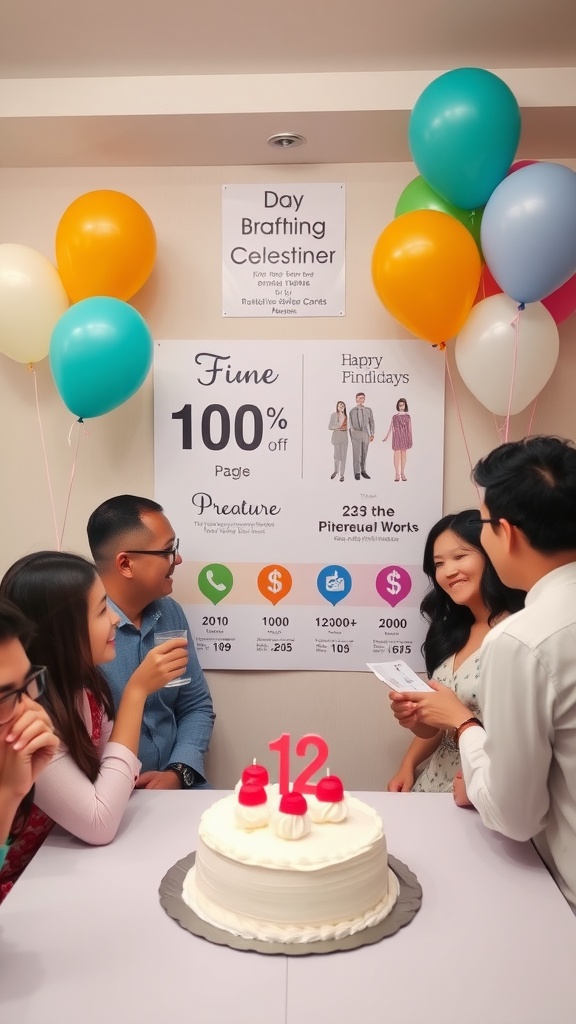 A group of people celebrating with balloons and a cake, highlighting financial milestones.