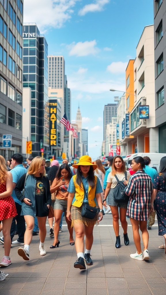 A diverse group of people walking on a city street, showcasing various styles and expressions through their fashion choices.
