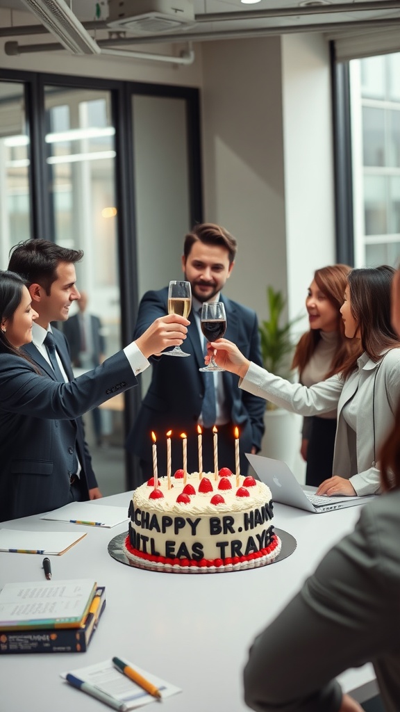 A group of professionals celebrating with a cake and drinks in a modern office.