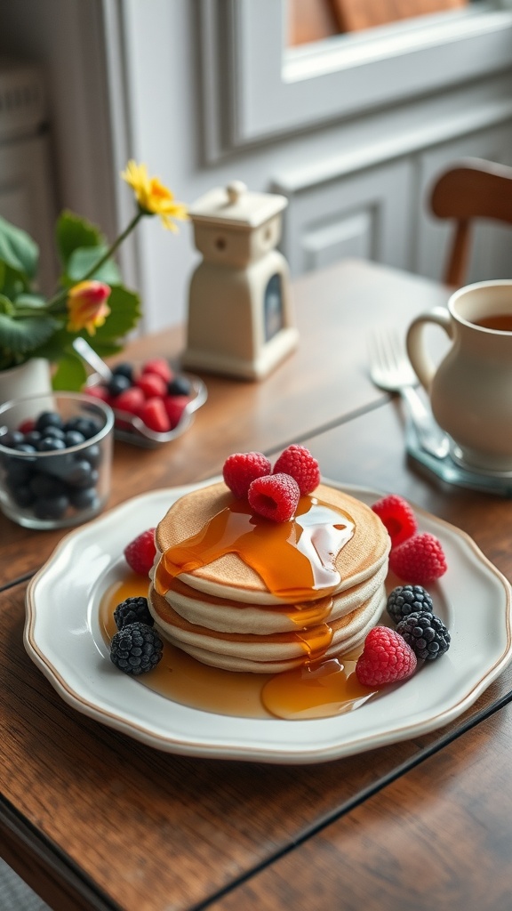A charming breakfast platter featuring fluffy pancakes topped with syrup and fresh berries.