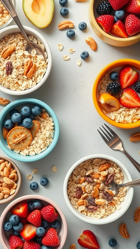 Colorful breakfast bowls filled with oats, fresh fruits, and nuts on a light background.