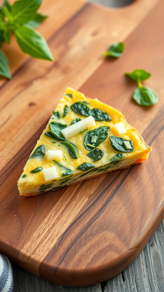 A slice of cheese and spinach frittata on a wooden cutting board.
