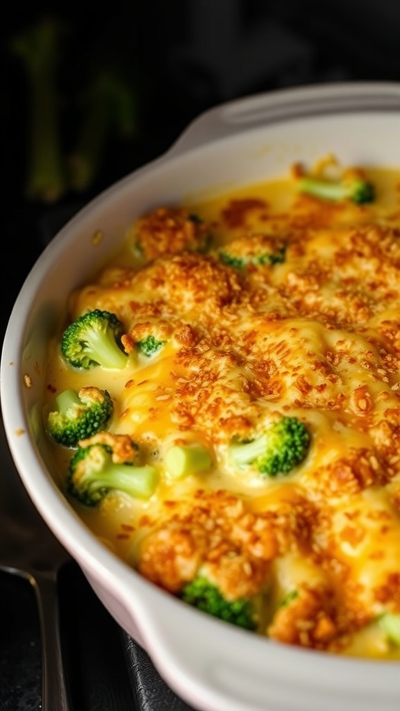 A close-up of a cheesy broccoli casserole with golden breadcrumbs on top.