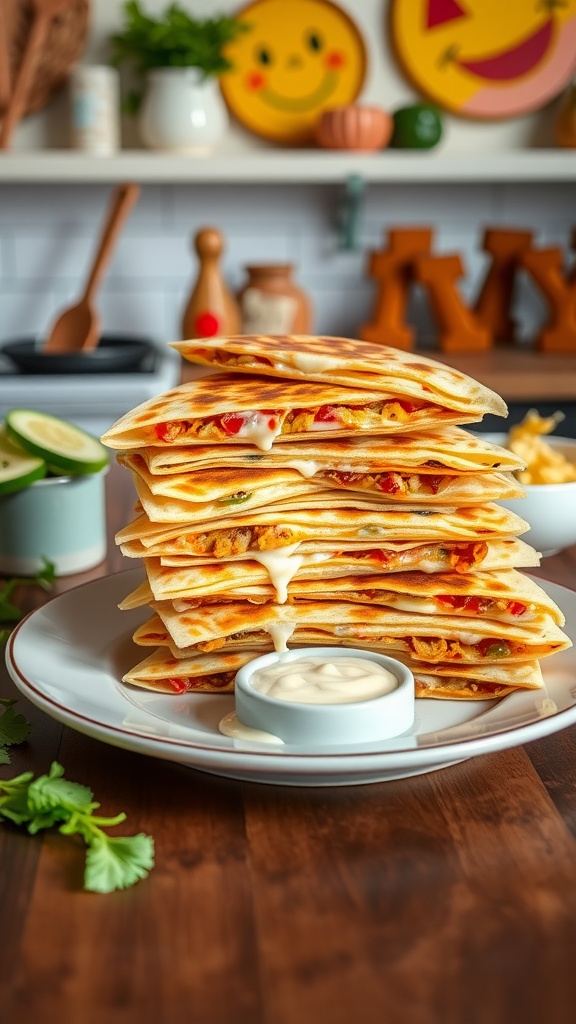 A stack of cheesy quesadilla triangles on a plate, served with a small bowl of dipping sauce.