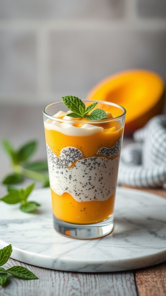 A glass of chia seed pudding layered with mango, garnished with mint leaves.