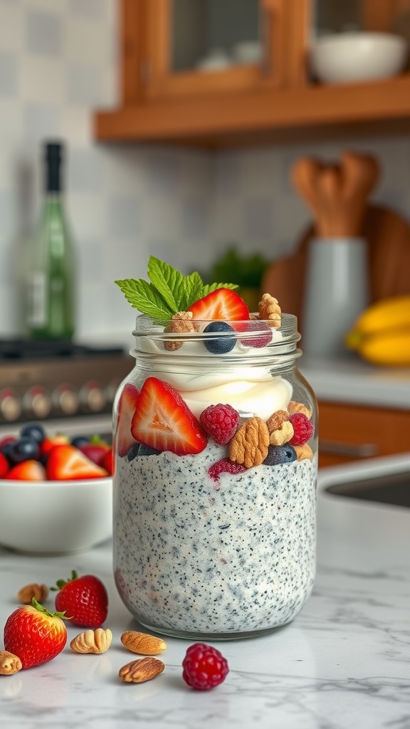 A jar of chia seed pudding topped with fresh strawberries, blueberries, raspberries, and nuts.