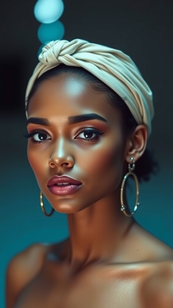 A woman with a stylish headwrap and bold earrings showcasing chic makeup.