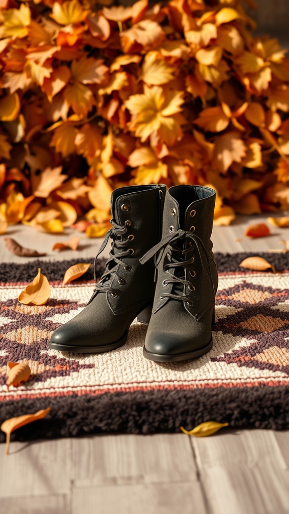 A pair of stylish black ankle boots on a patterned rug surrounded by orange leaves.