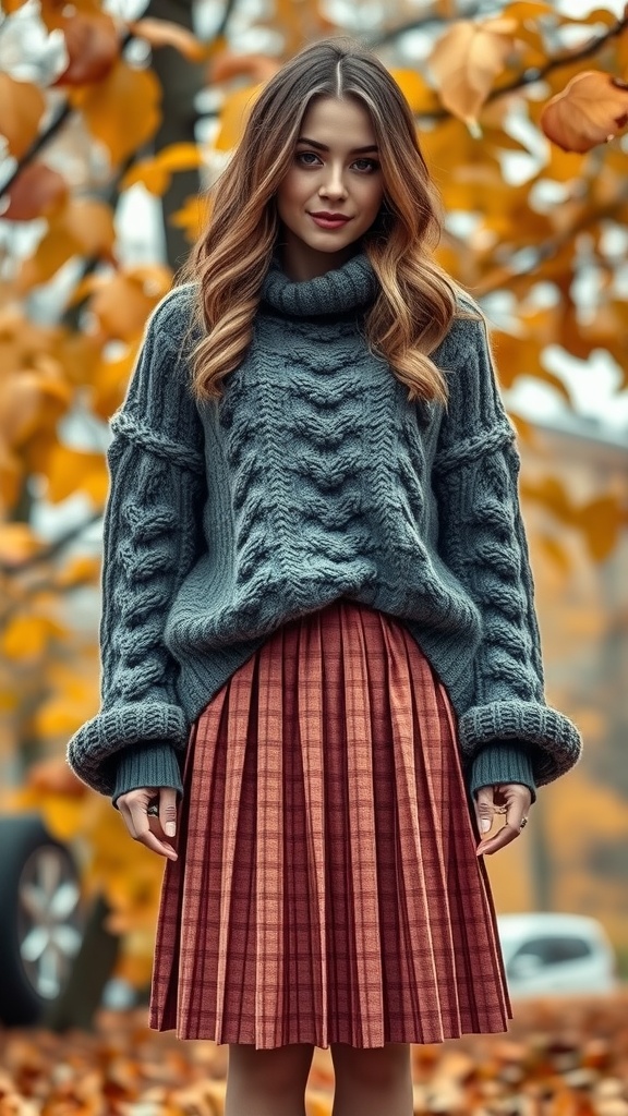 A woman wearing a cozy cable-knit sweater and a pleated skirt, surrounded by autumn leaves.