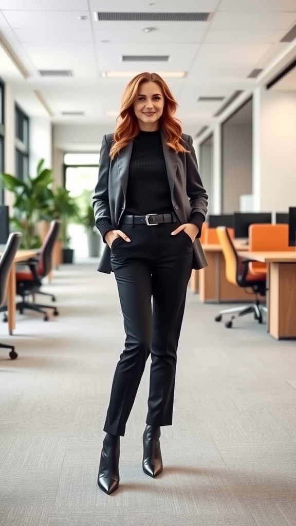 A woman in chic office attire, wearing a black blazer, fitted pants, and high heels, standing in a modern office environment.