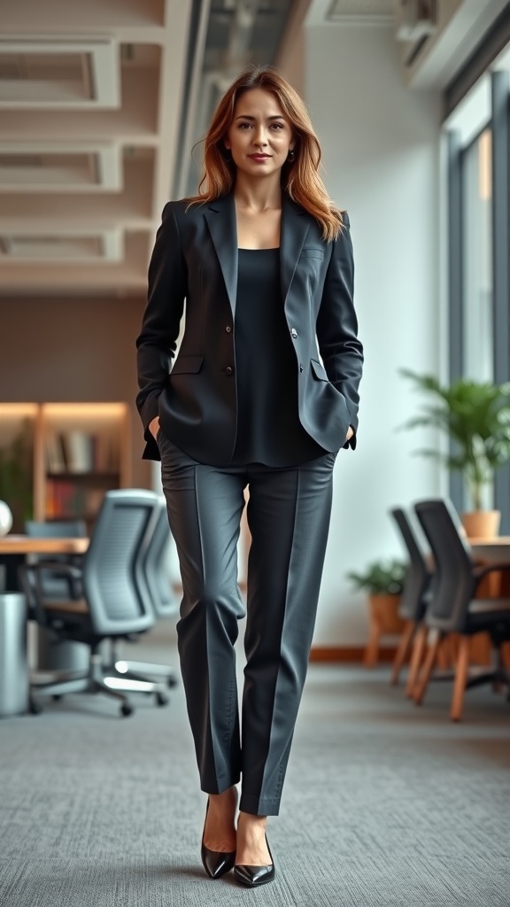 A woman in a tailored dark suit, confidently walking in an office space.
