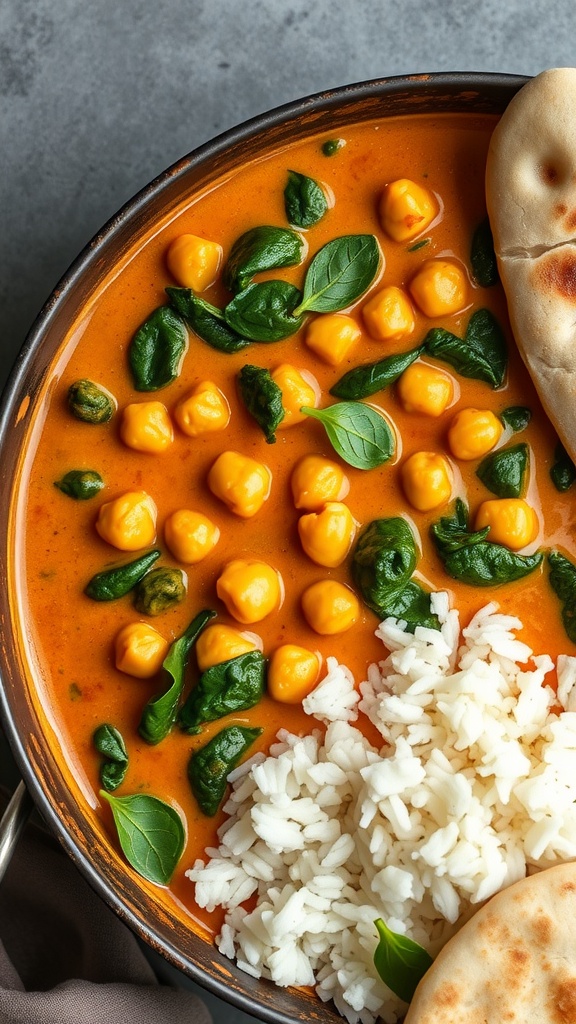Chickpea and spinach curry with rice and naan