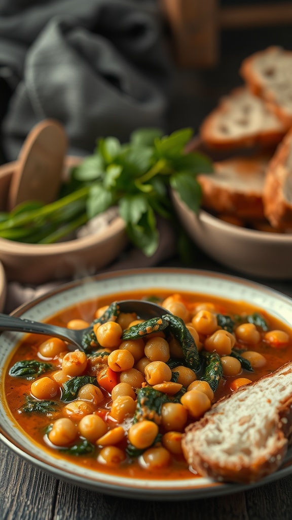 A bowl of chickpea and spinach stew with a spoon and slices of bread in the background.