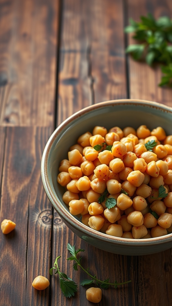A bowl of cooked chickpeas garnished with herbs on a wooden table.