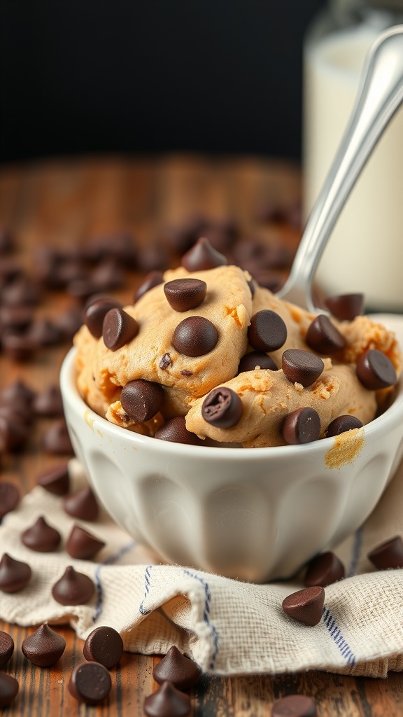 Bowl of chocolate chip cookie dough dessert with chocolate chips scattered around.