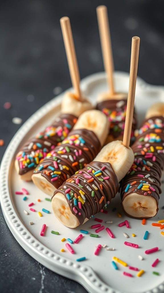 Chocolate covered banana pops with sprinkles on a white plate