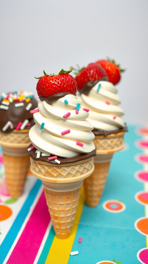 Chocolate covered strawberry cones with sprinkles and fresh strawberries on top
