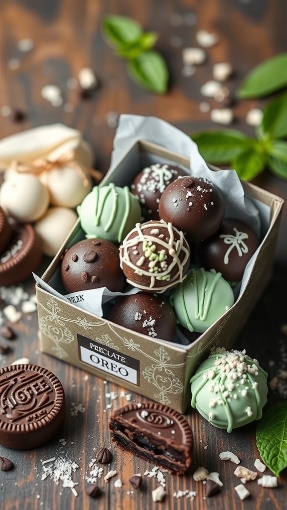 A box filled with chocolate mint Oreo truffles, surrounded by more Oreos and decorative elements.